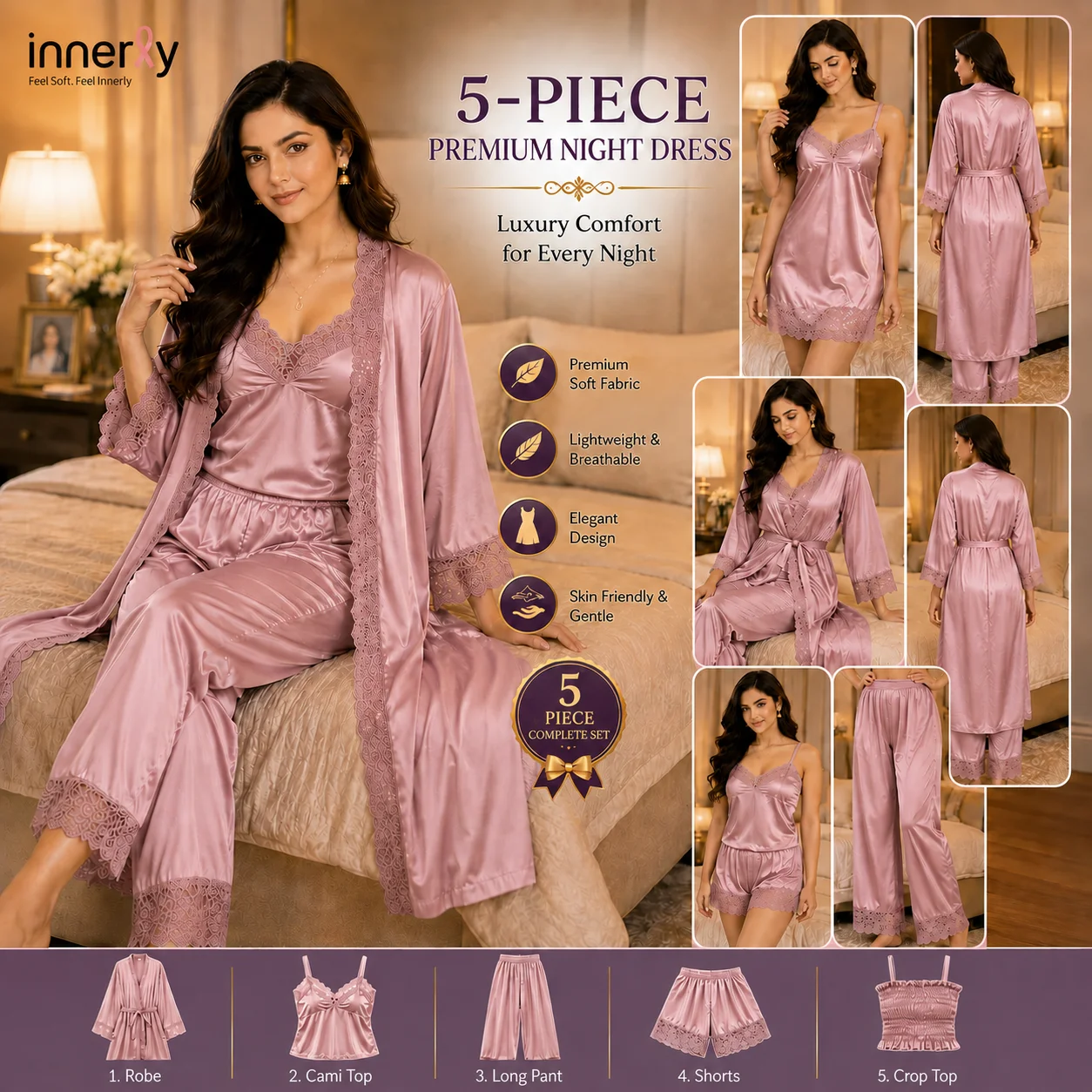 5 Part Premium Nightwear - Onion Color